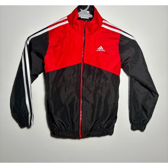 Adidas Kids Track Jacket Size 5 Red Black 3-Stripes Full Zip Lightweight - Picture 1 of 6